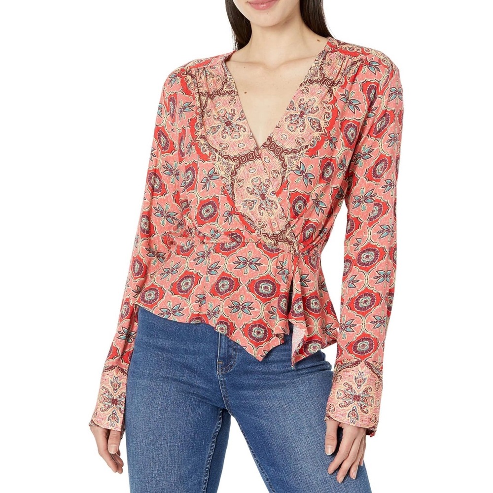 Free People Red Medallion Print Wrap Peplum Top Long Sleeve V-Neck Size M